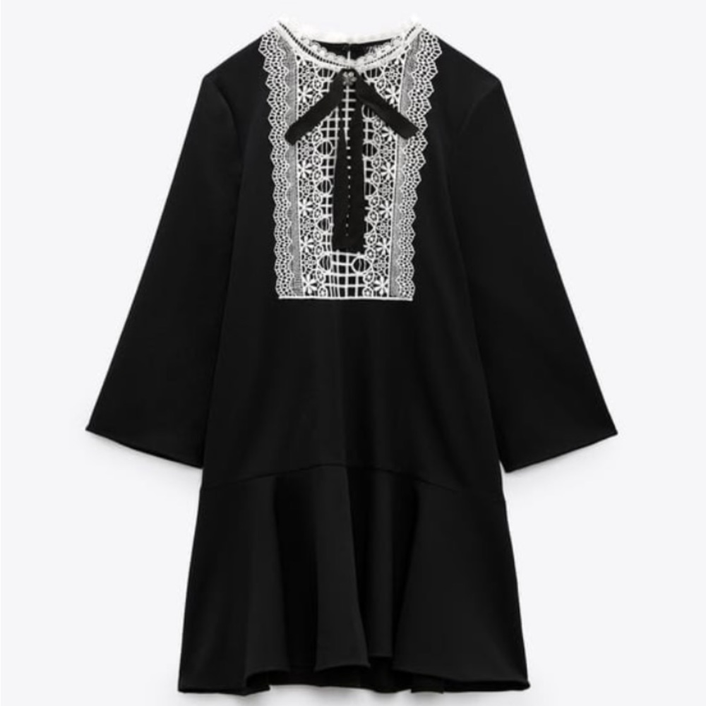 Zara Black and White Lace Mini Dress with Bow New with Tags